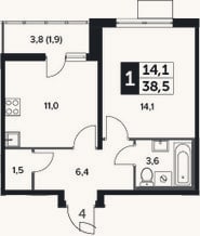 Планировка: 1-к, 36,6 м²
