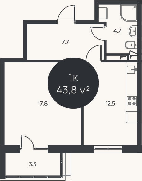 Планировка: 1-к, 42,7 м²