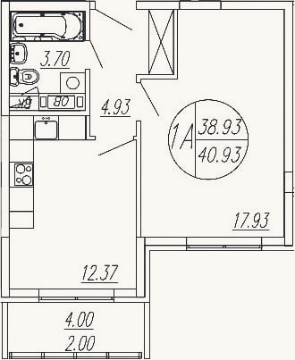 Планировка: 1-к, 38,9 м²