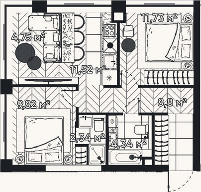 Планировка: 3-к, 53,3 м²