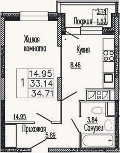 Планировка: 1-к, 34,1 м²