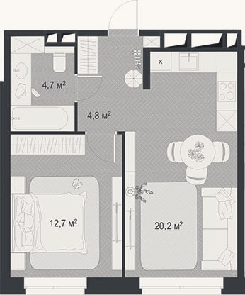 Планировка: 2-к, 42,4 м²
