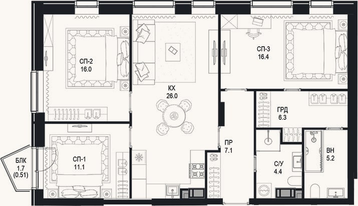 Планировка: 3-к, 92,5 м²