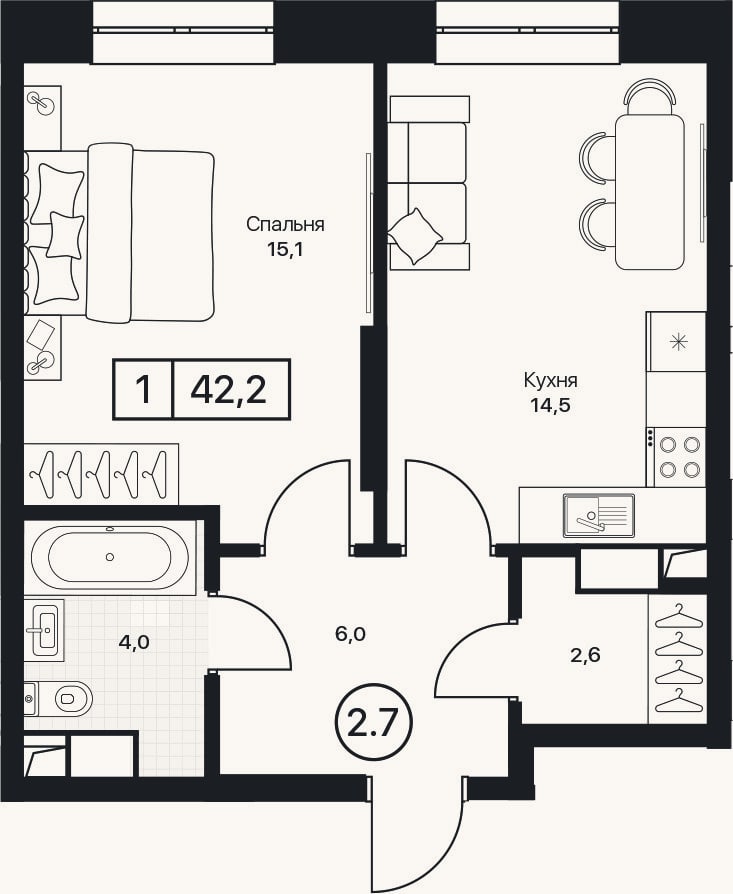 Планировка: 1-к, 42,2 м²