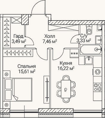 Планировка: 1-к, 46,1 м²