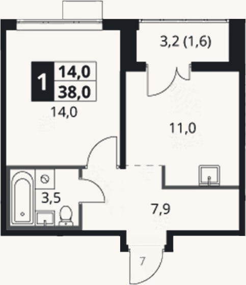 Планировка: 1-к, 36,4 м²