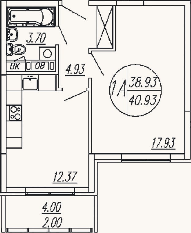 Планировка: 1-к, 38,9 м²