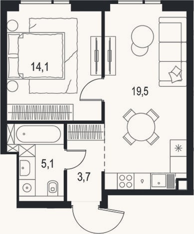 Планировка: 2-к, 42,4 м²