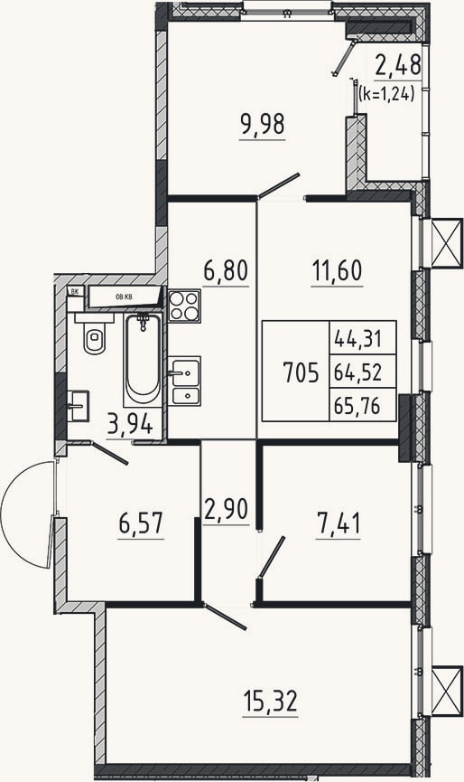 Планировка: 4+ к, 64,5 м²
