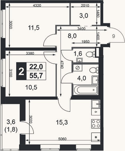 Планировка: 2-к, 53,9 м²