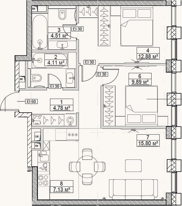 Планировка: 3-к, 62,5 м²