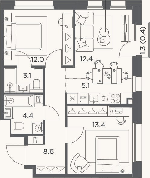 Планировка: 3-к, 59 м²