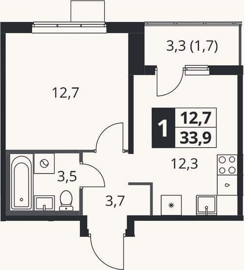 Планировка: 1-к, 32,2 м²