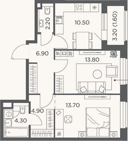 Планировка: 2-к, 56,3 м²