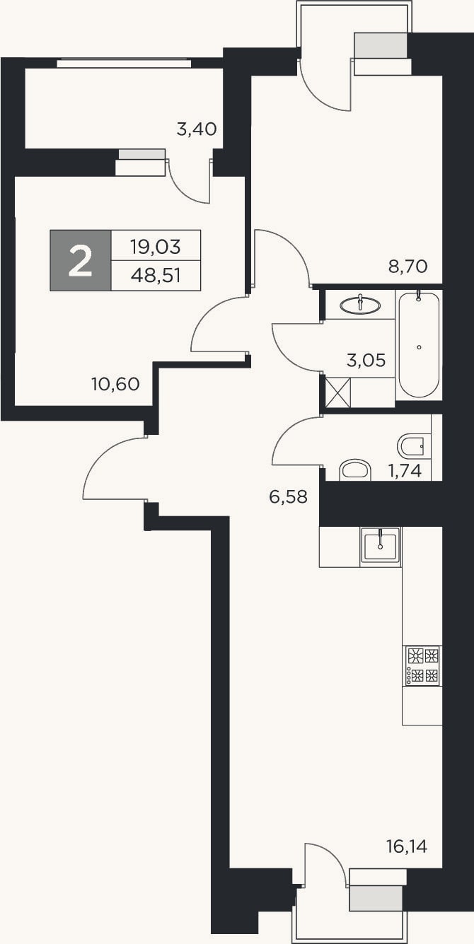 Планировка: 3-к, 46,8 м²