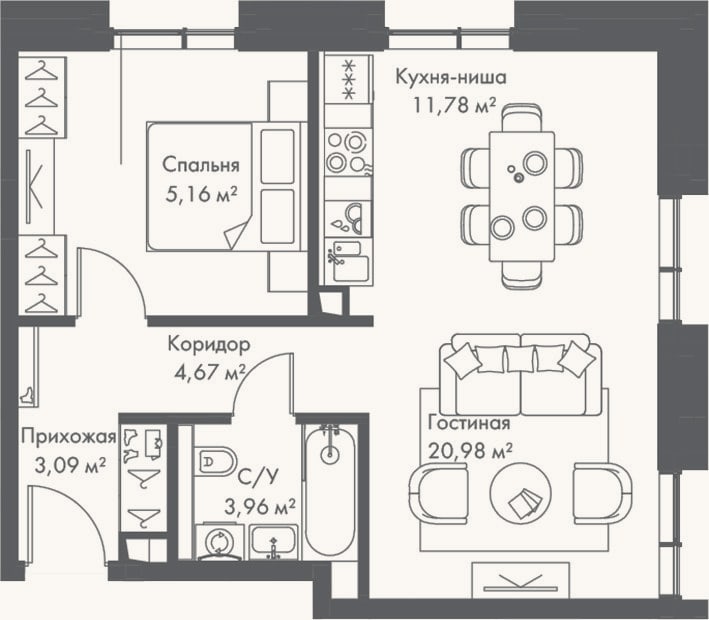 Планировка: 2-к, 49,6 м²