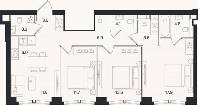 Планировка: 4+ к, 87 м²