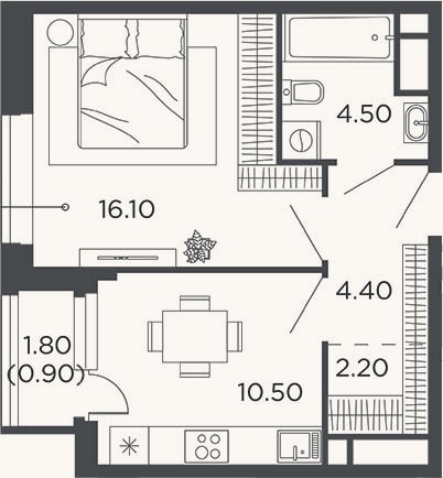 Планировка: 1-к, 37,7 м²