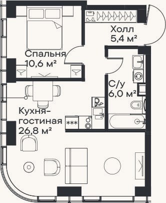 Планировка: 2-к, 48,8 м²