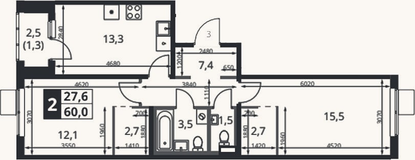 Планировка: 2-к, 58,7 м²