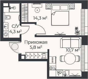 Планировка: 1-к, 35,1 м²