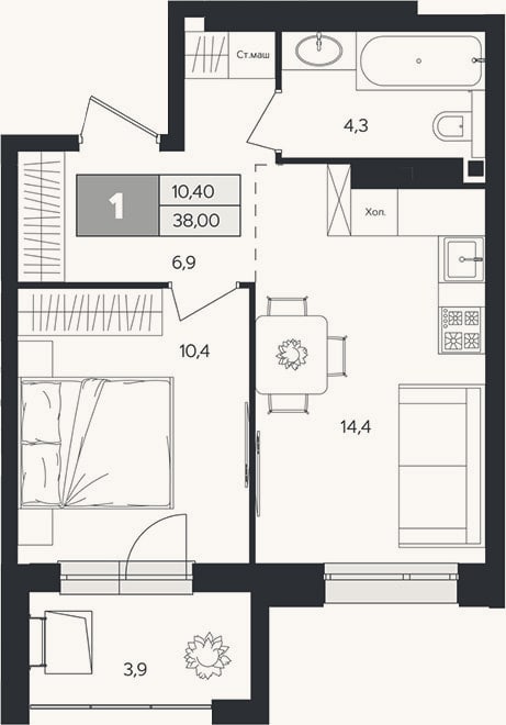 Планировка: 1-к, 36,1 м²