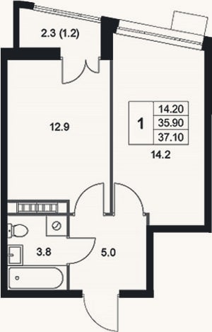 Планировка: 1-к, 35,9 м²