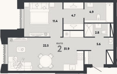 Планировка: 2-к, 51,9 м²