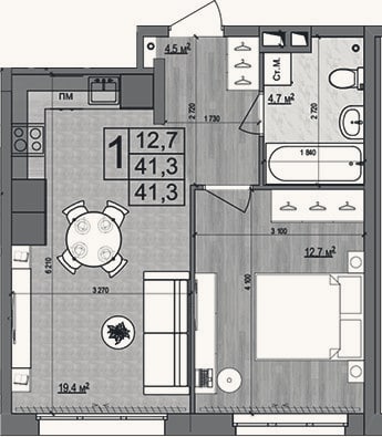 Планировка: 2-к, 41,3 м²