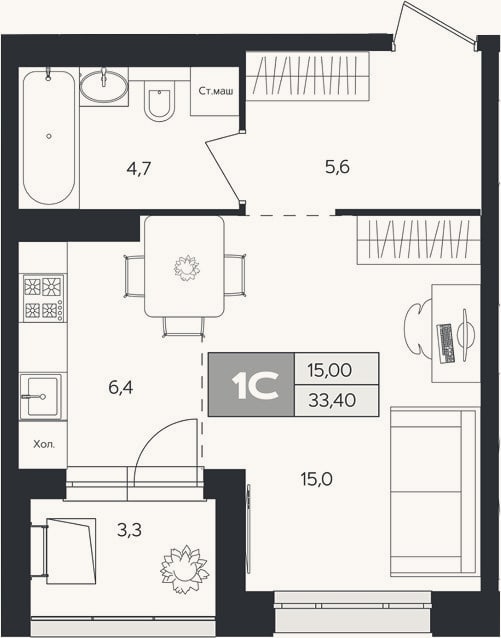 Планировка: Студия, 31,8 м²