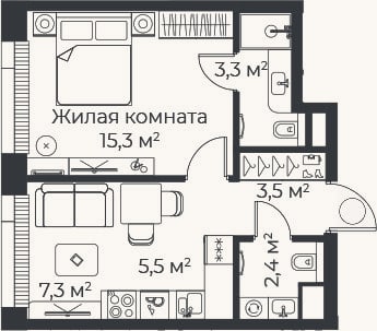 Планировка: 2-к, 37,2 м²