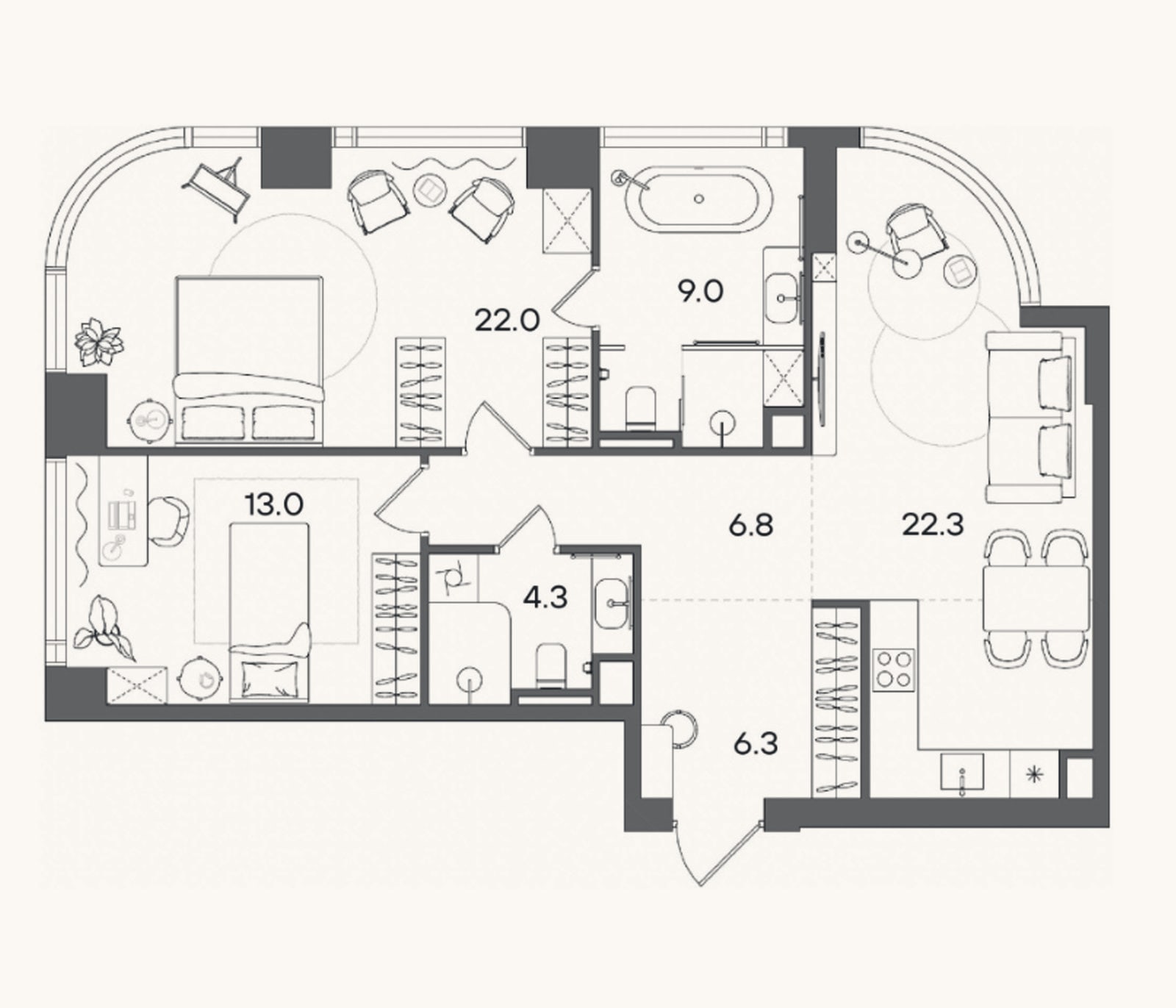 Планировка: 3-к, 83,7 м²
