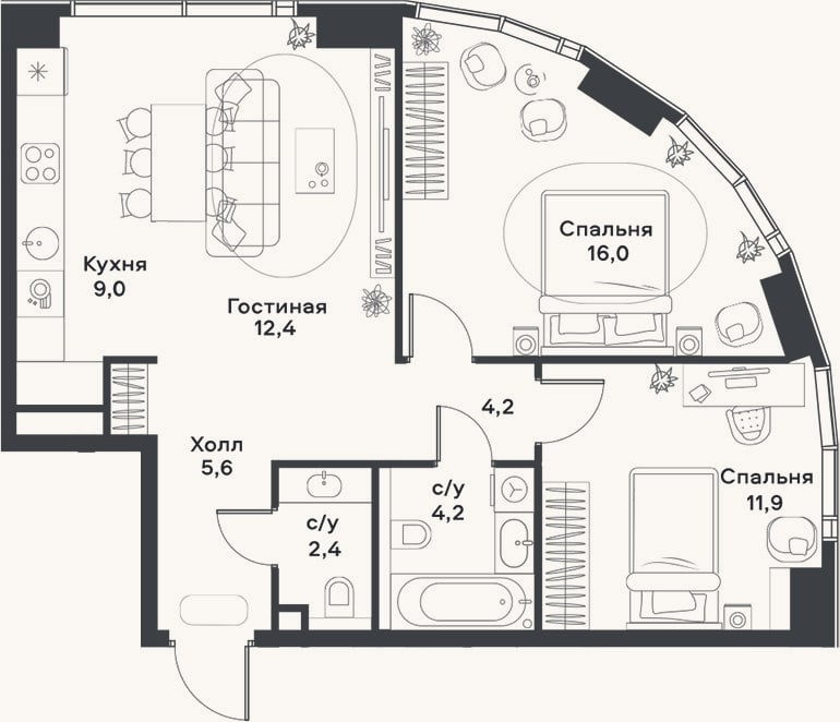 Планировка: 3-к, 65,7 м²