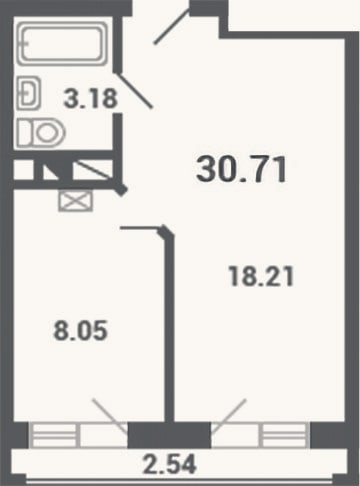 Планировка: 1-к, 29,5 м²