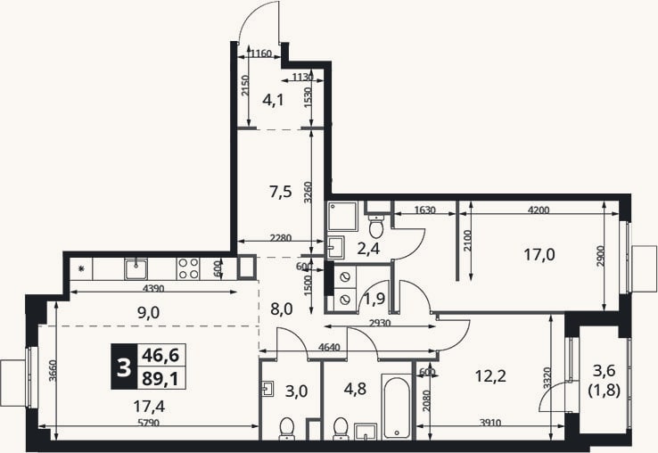 Планировка: 3-к, 87,3 м²