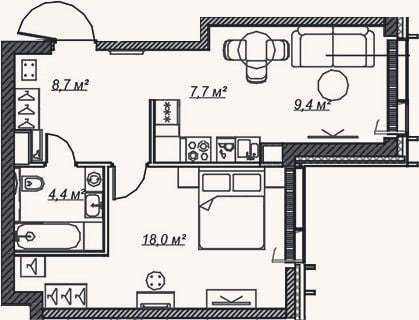 Планировка: 2-к, 48,2 м²