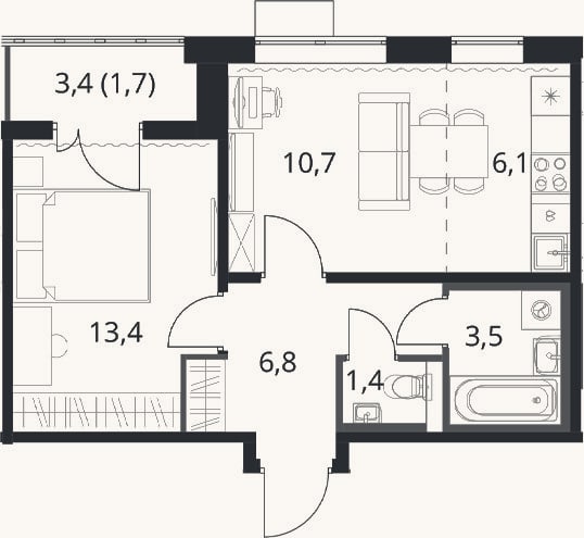 Планировка: 2-к, 41,9 м²