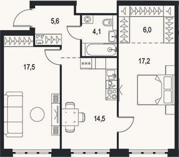 Планировка: 2-к, 64,9 м²