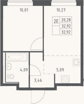 Планировка: 2-к, 32,9 м²