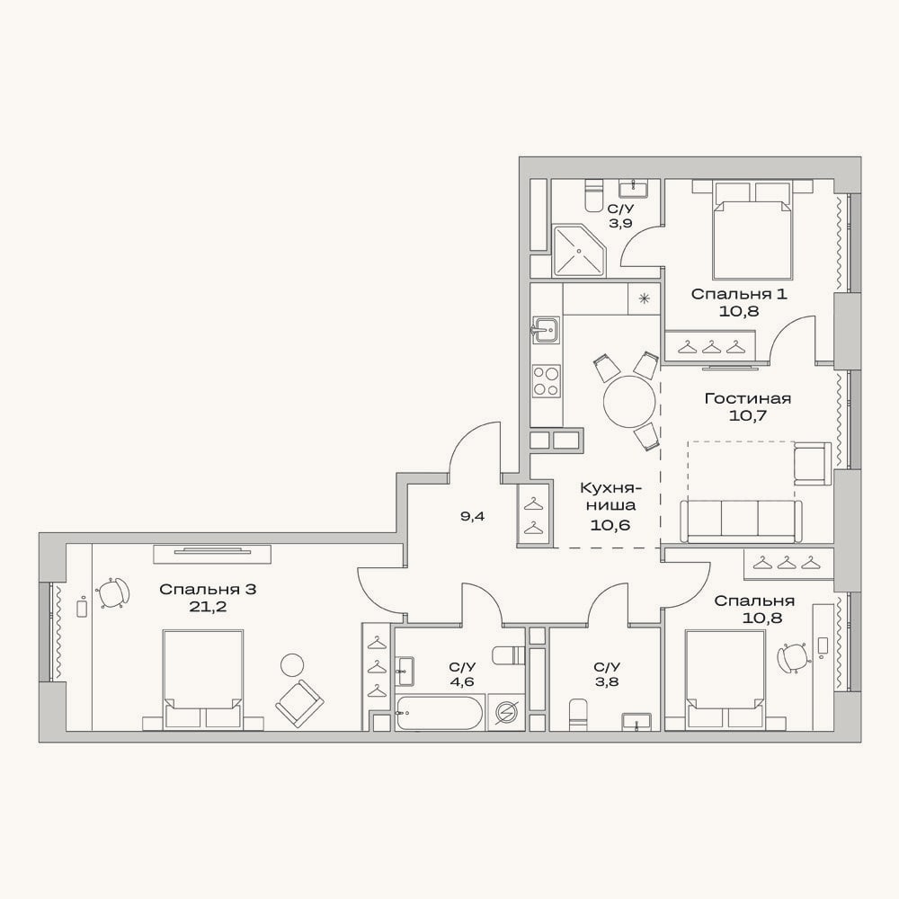 Планировка: 4+ к, 85,9 м²