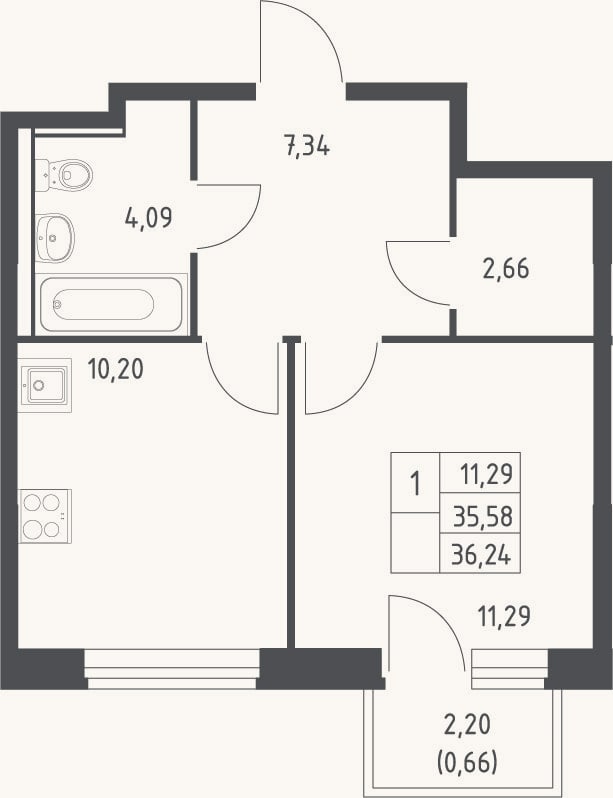 Планировка: 1-к, 35,6 м²