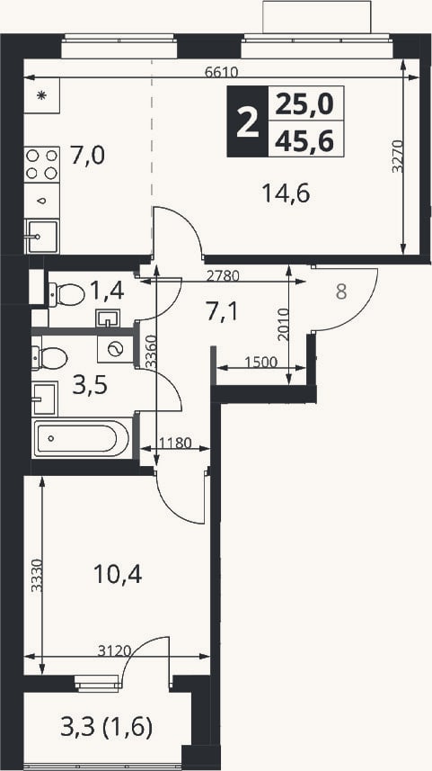 Планировка: 2-к, 44 м²