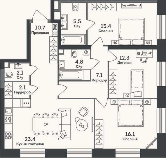 Планировка: 4+ к, 99,5 м²