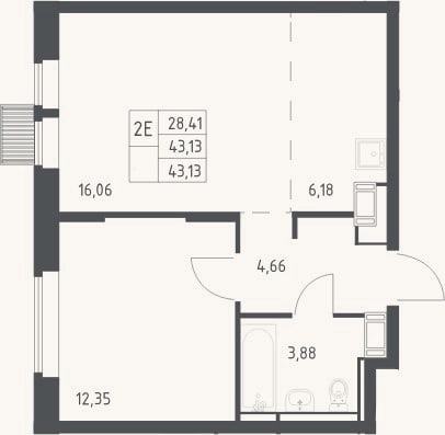 Планировка: 2-к, 43,1 м²
