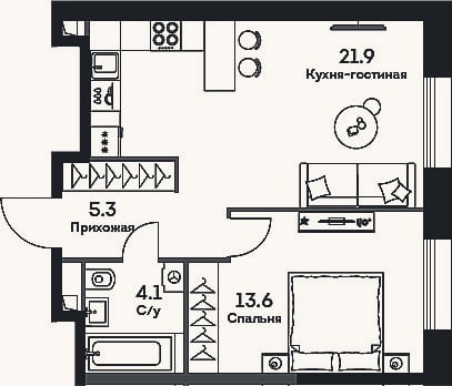 Планировка: 2-к, 44,9 м²