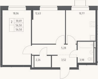 Планировка: 2-к, 56,5 м²