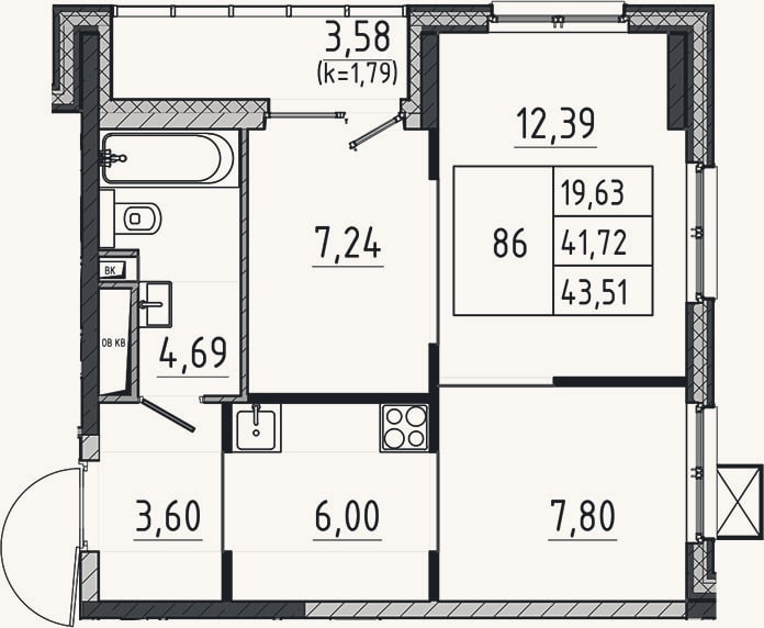 Планировка: 2-к, 41,7 м²