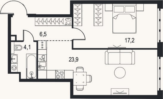 Планировка: 1-к, 51,7 м²