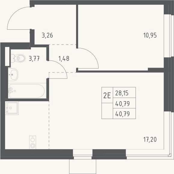 Планировка: 2-к, 40,8 м²