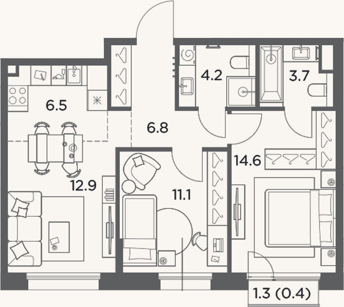 Планировка: 3-к, 59,8 м²